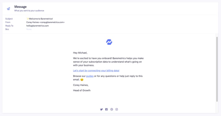 baremetrics welcome email