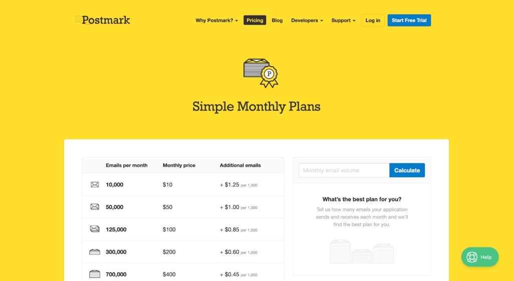 SaaS pricing models and strategies example: Postmark pricing page