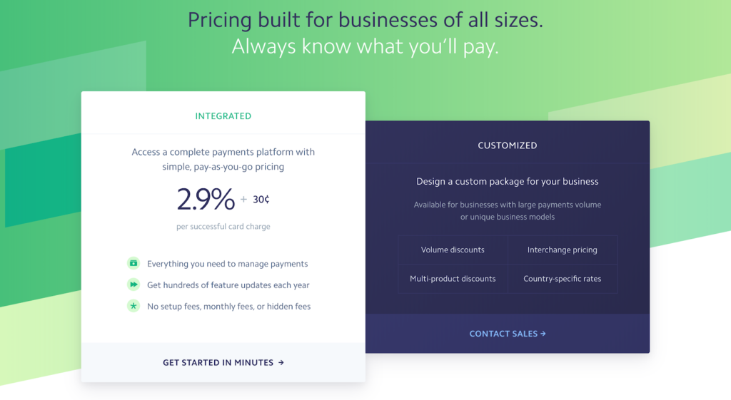 SaaS pricing models and strategies example: Stripe pricing page